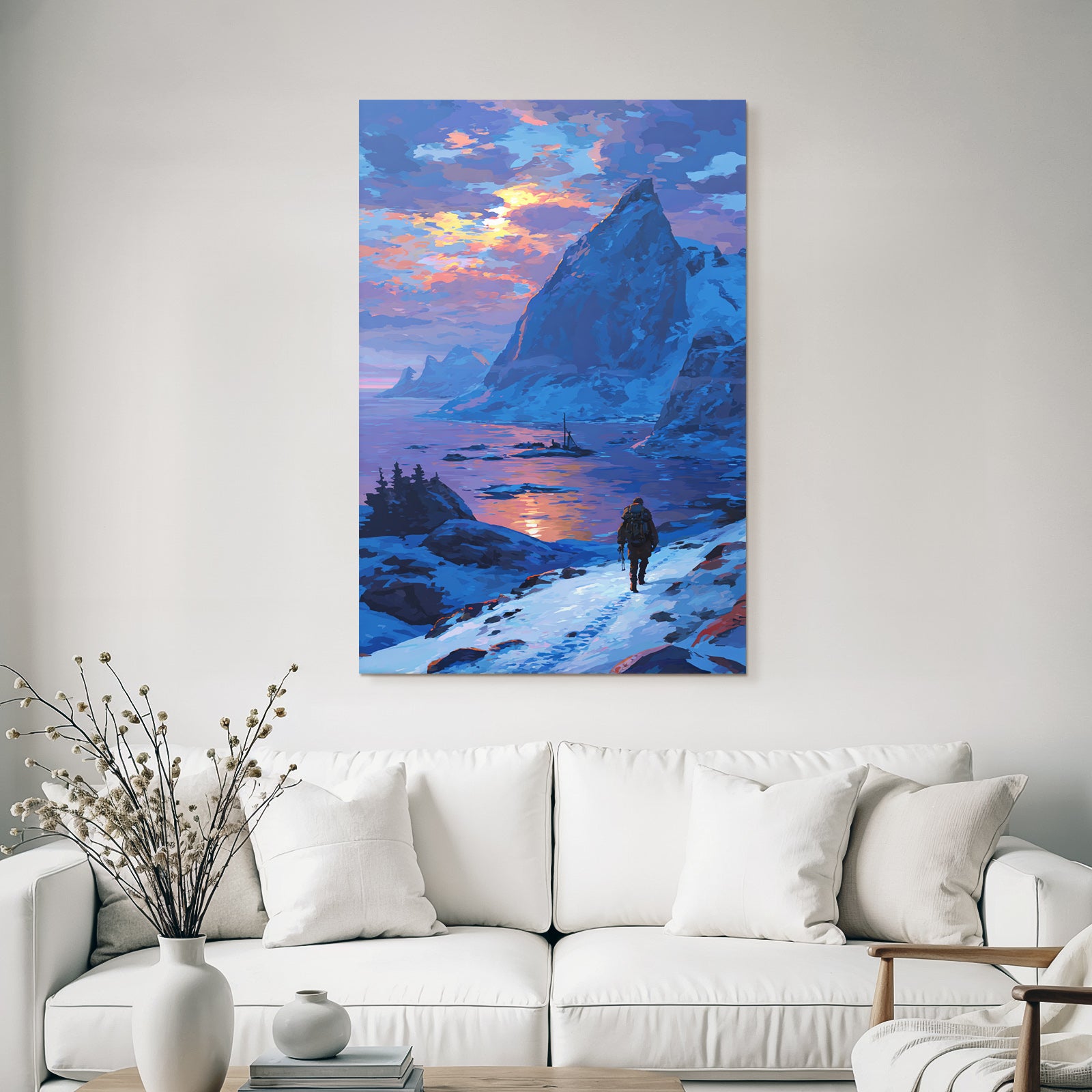 Polarlicht Schneepfad Im Sonnenaufgang Mit Berglandschaft Und Wasser | Fjorde und Gletscher | Landschaften