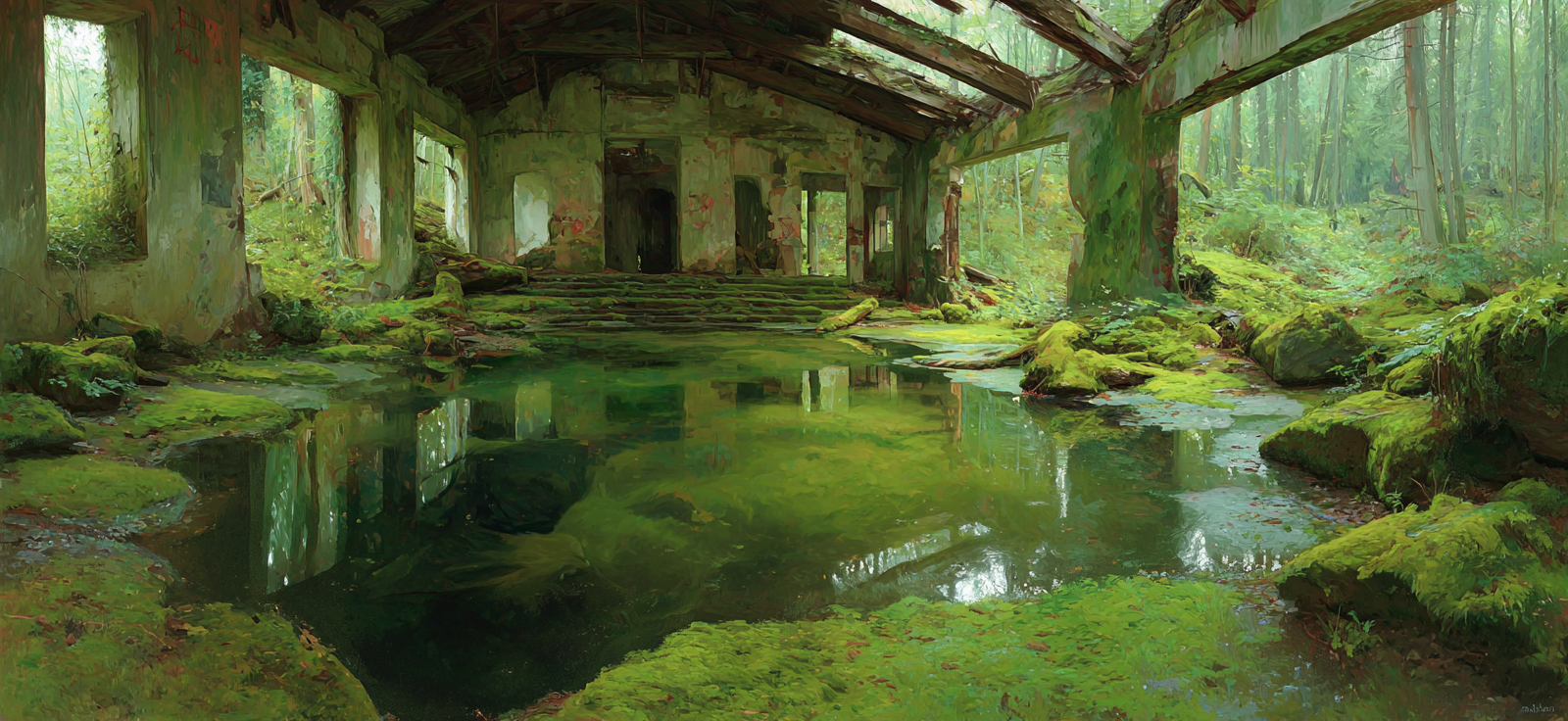 Tranquile Überwachsene Innenansicht Eines Verfallenen Gebaeudes | Lost Places | Architektur