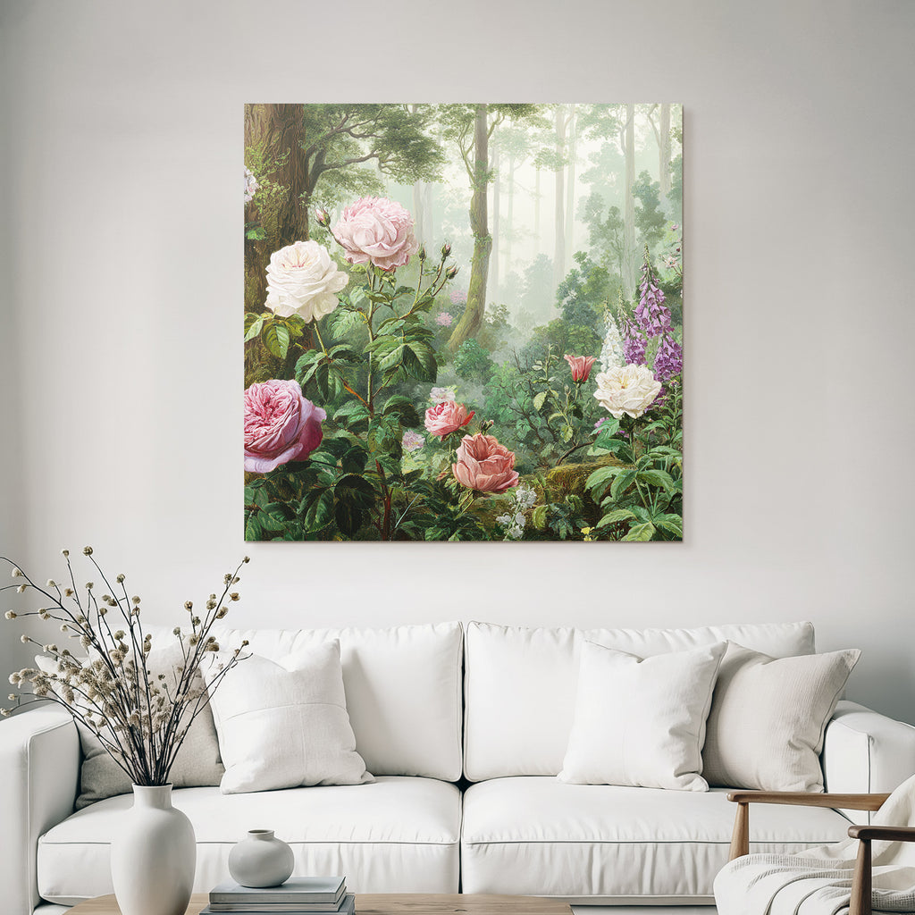 Malerische Waldszene Mit Rosen Und Blütenpflanzen In Dunstiger Atmosphäre