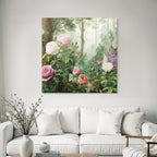 Malerische Waldszene Mit Rosen Und Blütenpflanzen In Dunstiger Atmosphäre