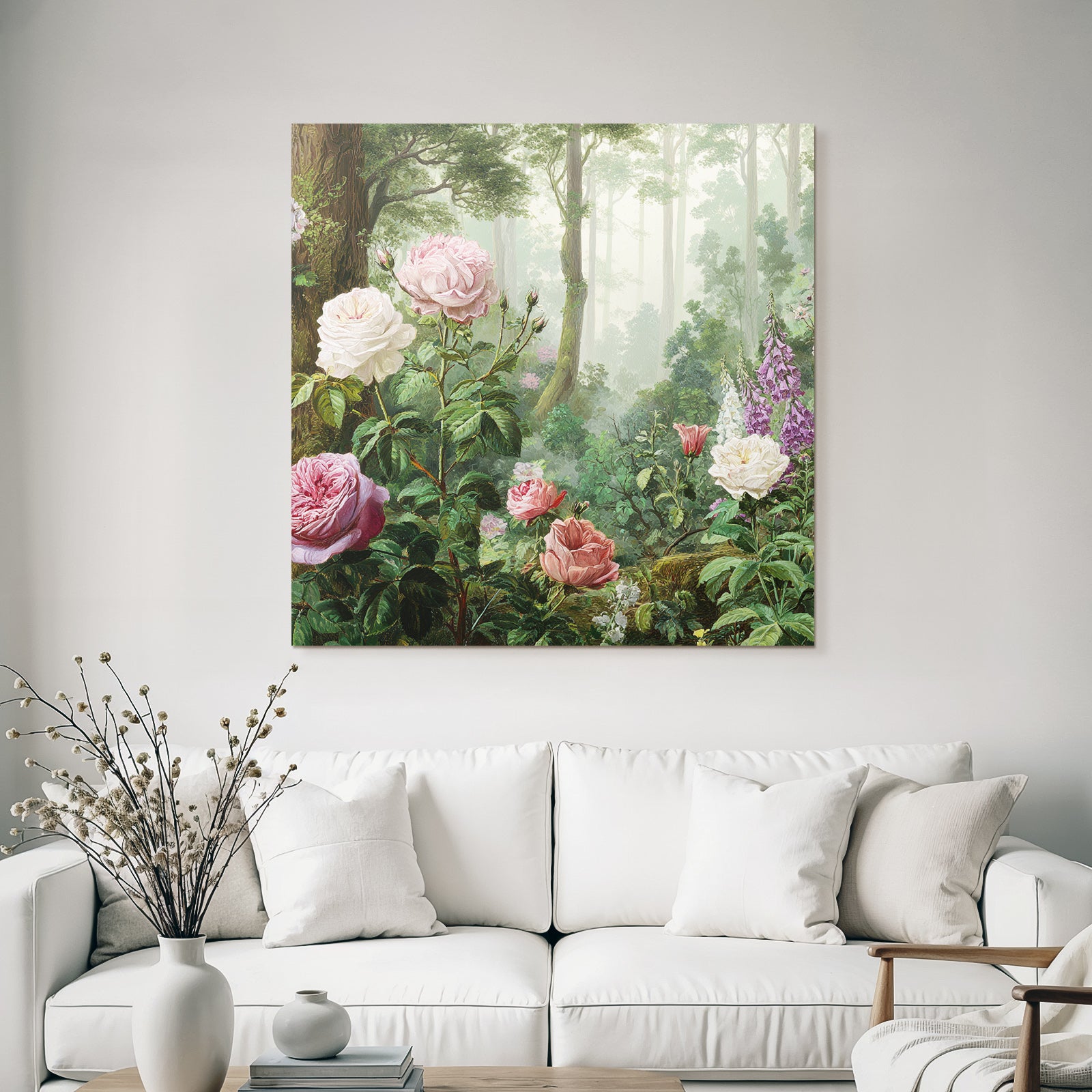 Malerische Waldszene Mit Rosen Und Blütenpflanzen In Dunstiger Atmosphäre
