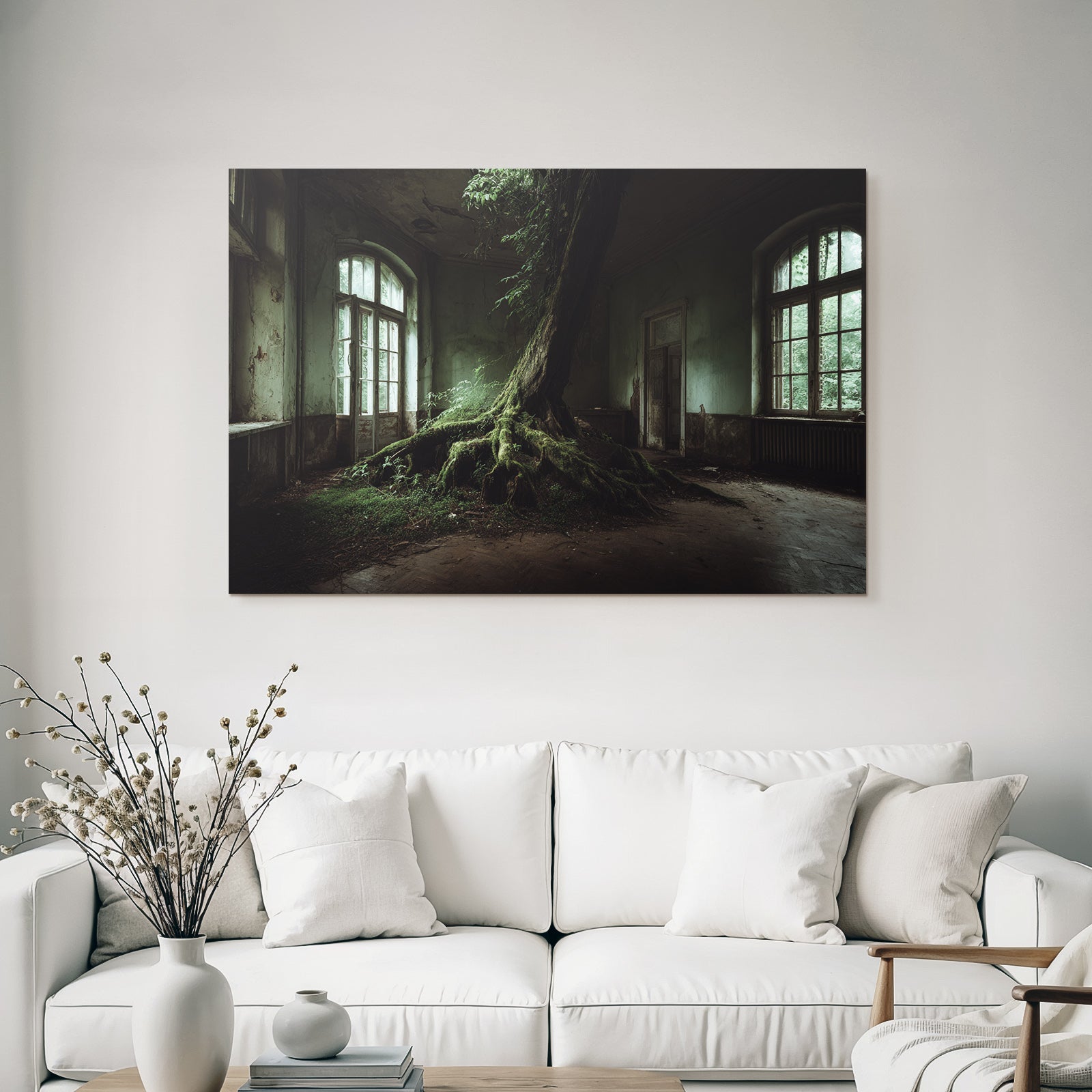 Abandoned Room With Tree Reclaiming Space Wettered Walls And Large Windows | Lost Places | Architektur