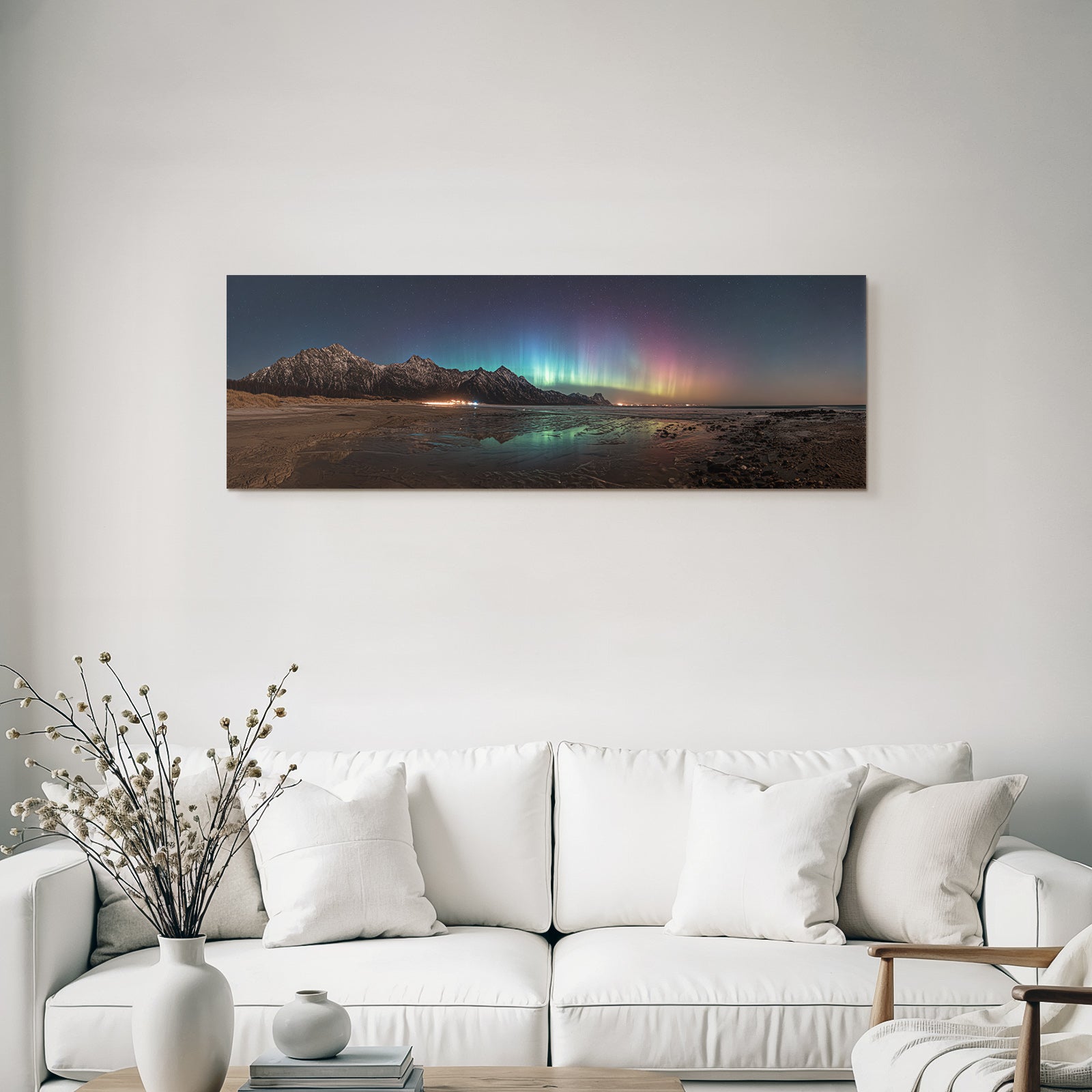 Polarlicht Panoramablick Berge Strand Nacht Himmelsaura Borealis | Fjorde und Gletscher | Landschaften