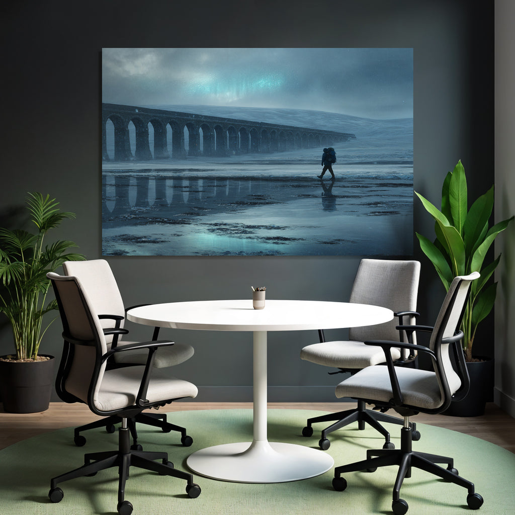 Polarlicht Einsame Figur Auf Reflektierender Fläche Unter Nebligem Himmel | Fjorde und Gletscher | Landschaften