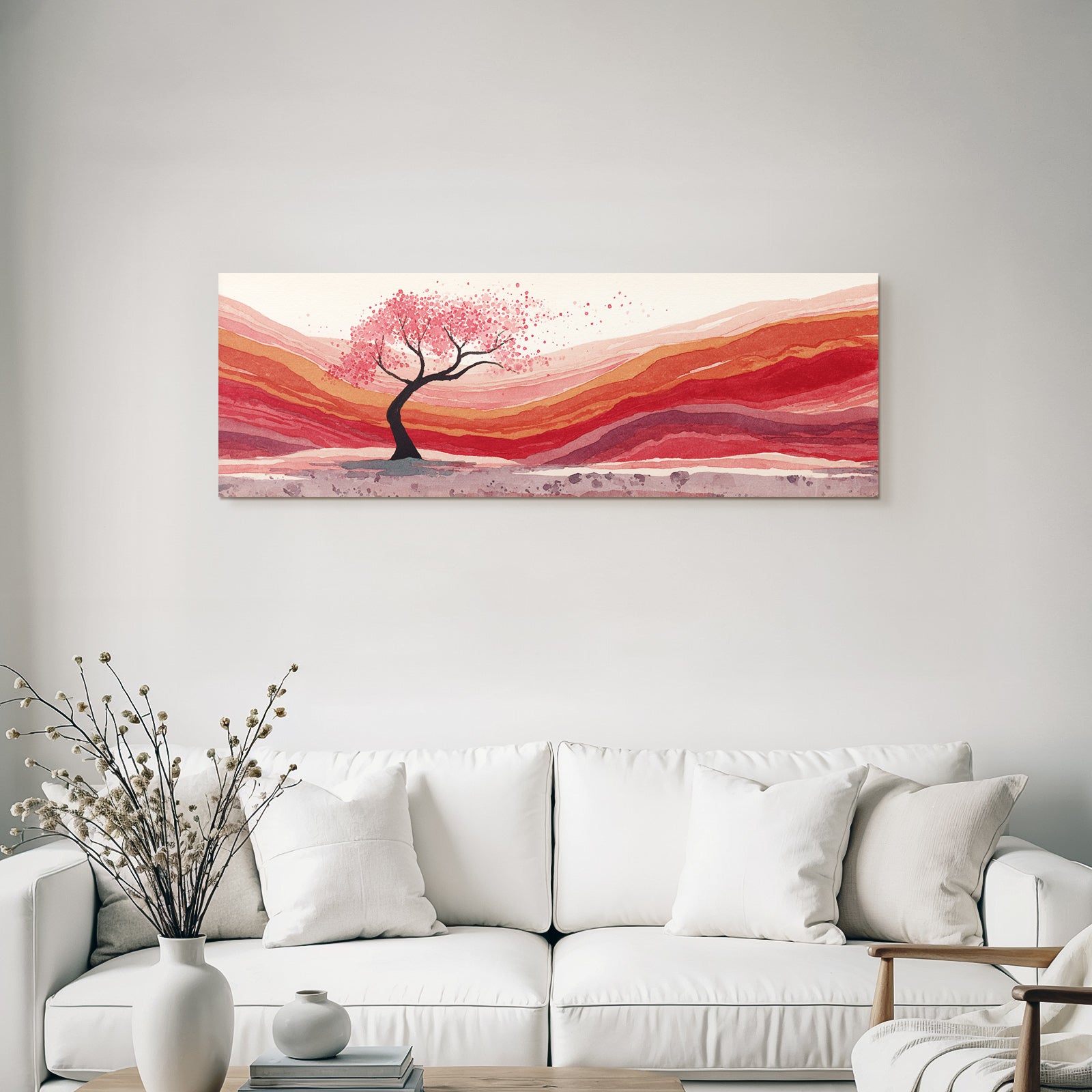 Wasserfarbenlandschaft Mit Kirschblütenbaum Und Rollenden Hügeln