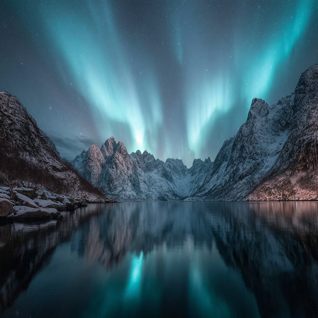 Polarlicht Natürliche Landschaft Mit Aurora Reflection Und Berge | Fjorde und Gletscher | Landschaften