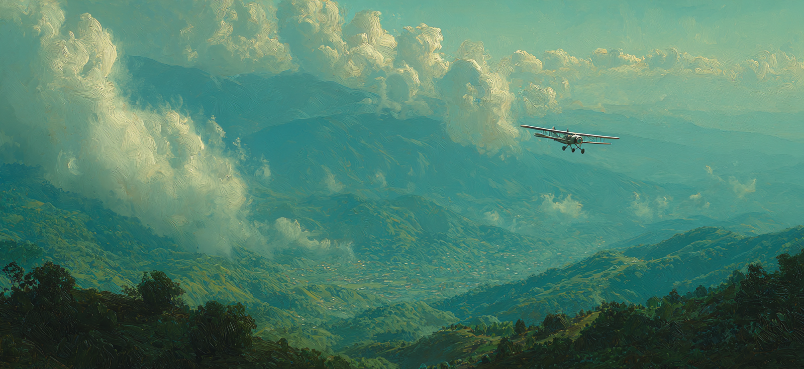 Luftaufnahme Von Einem Flugzeug Über Grüne Berge Unter Flauschigen Wolken | Flugzeuge | Mobilitaet und Technik