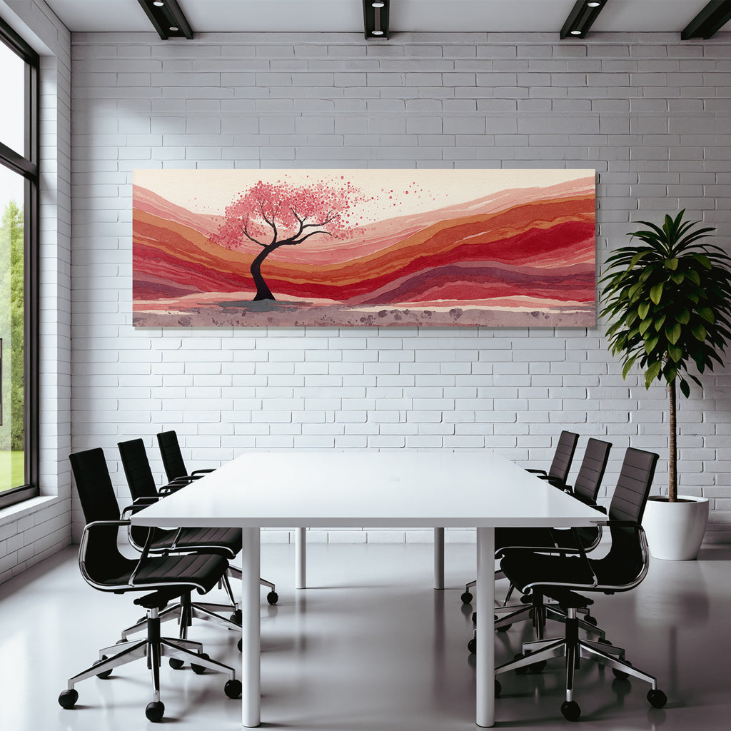 Wasserfarbenlandschaft Mit Kirschblütenbaum Und Rollenden Hügeln