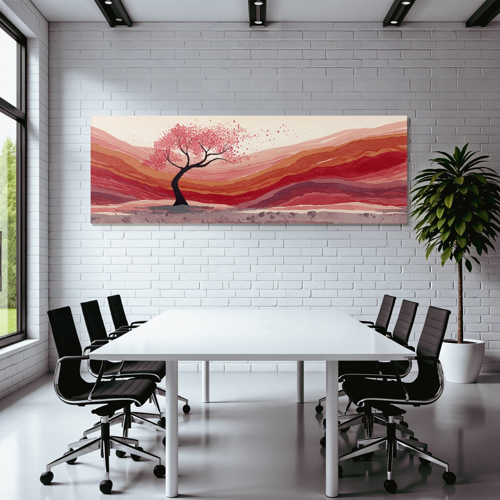 Wasserfarbenlandschaft Mit Kirschblütenbaum Und Rollenden Hügeln
