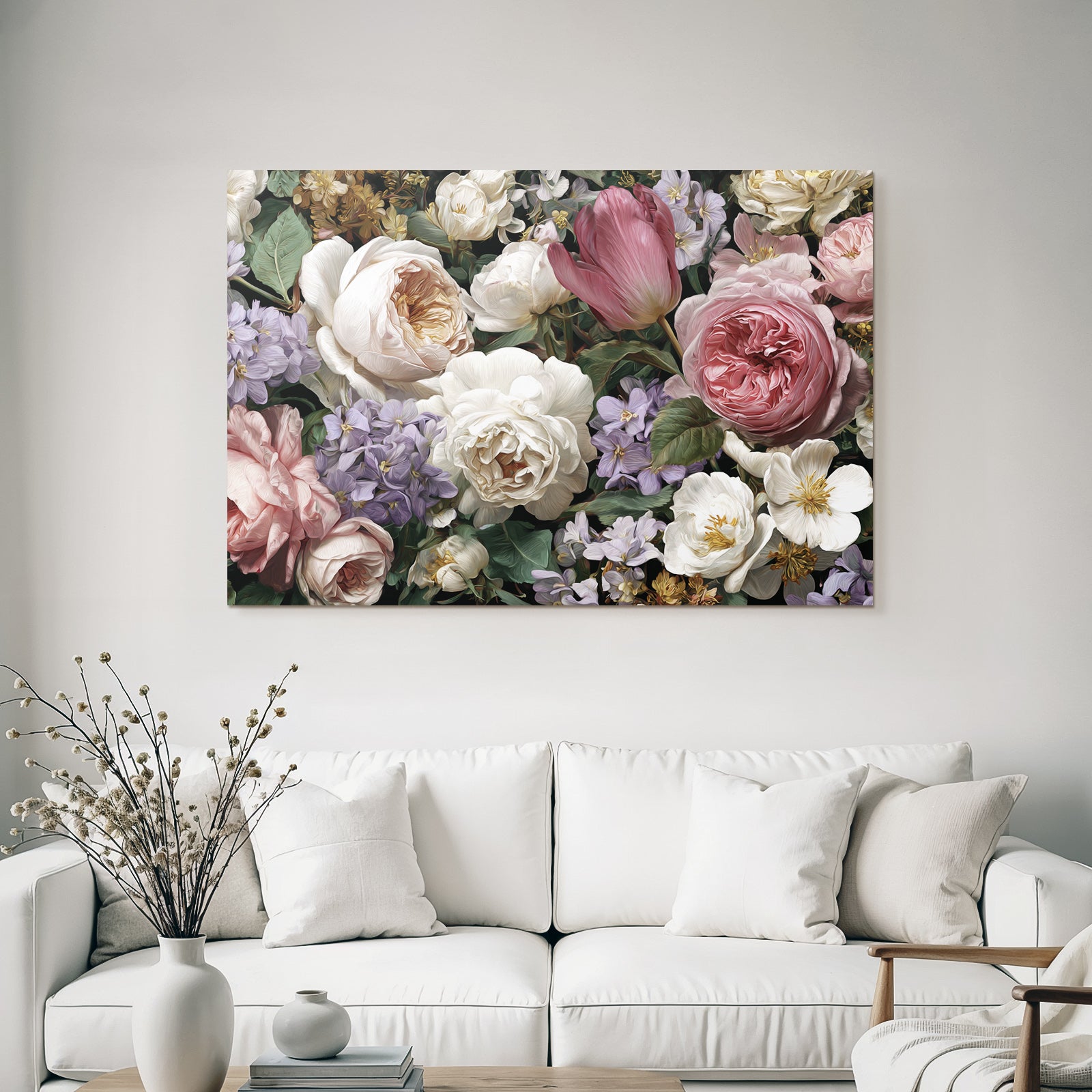 Strauss Aus Pfingstrosen Tulpen Und Veilchen Auf Dunklem Hintergrund