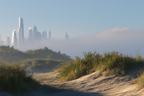 Ruhige Landschaft Sanddünen Und Futuristische Stadt Skyline | Duenen und Heide | Landschaften