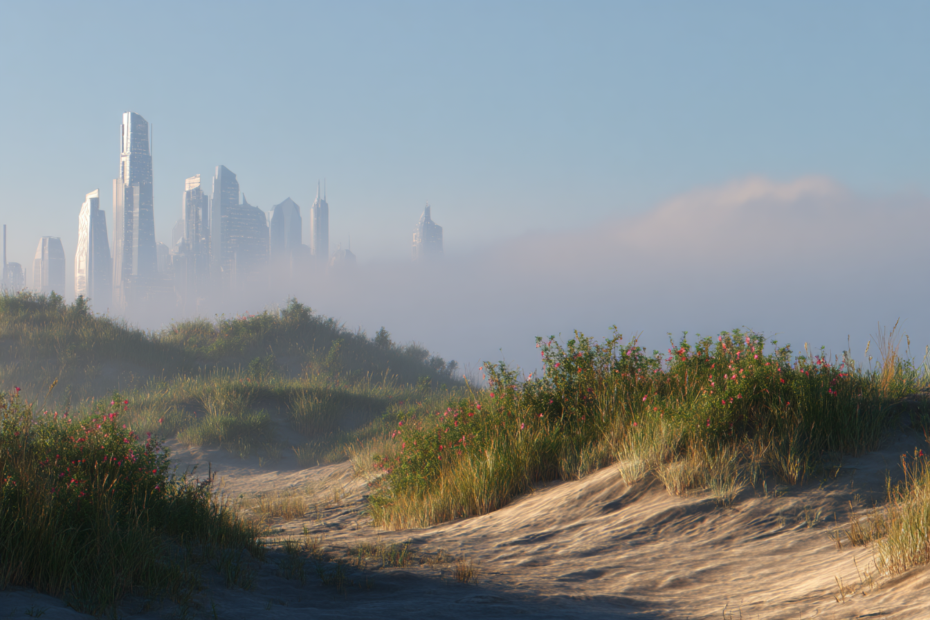 Ruhige Landschaft Sanddünen Und Futuristische Stadt Skyline | Duenen und Heide | Landschaften