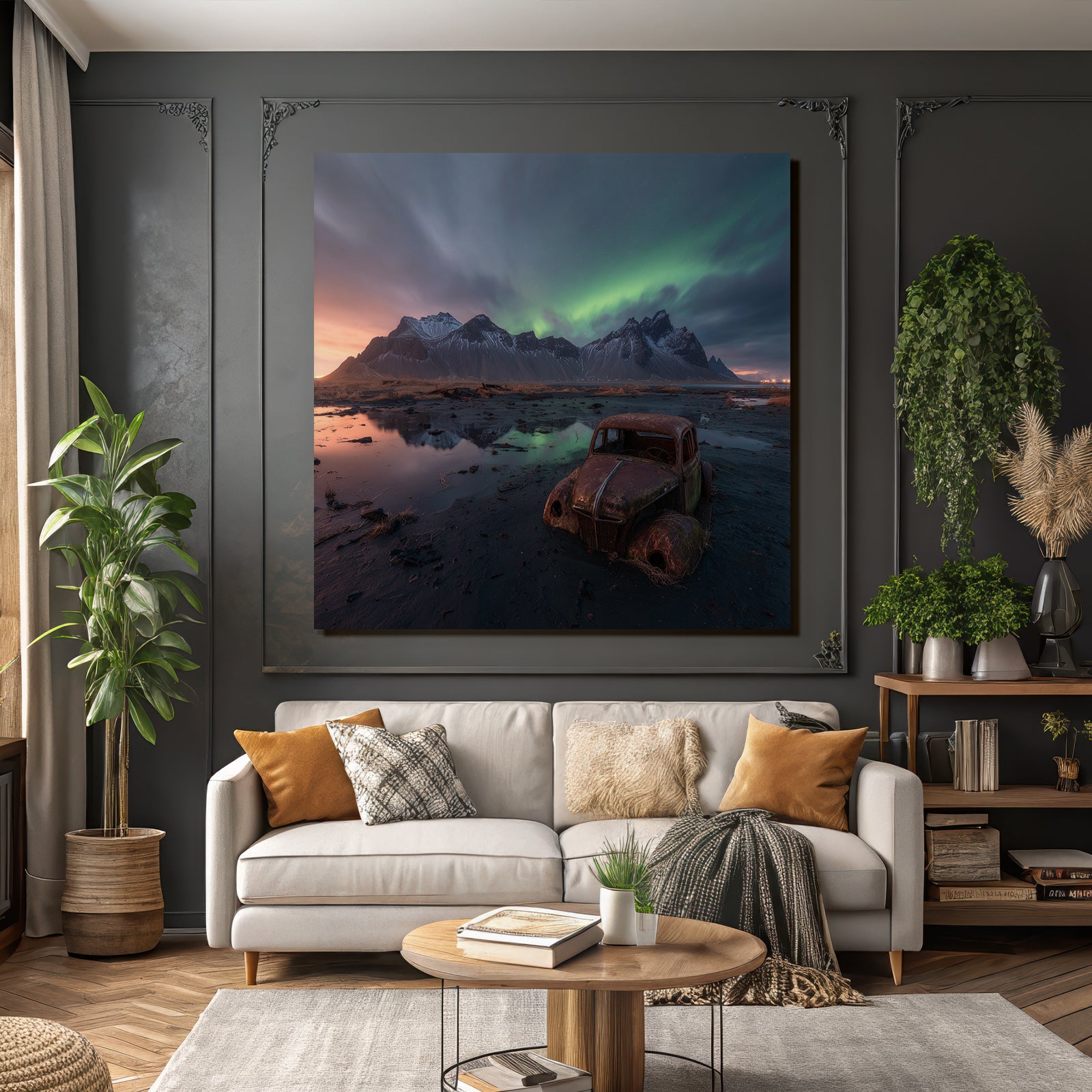 Polarlicht Rustiger Alter Wagen Im Vordergrund Unter Aurora Borealis Himmel | Fjorde und Gletscher | Landschaften