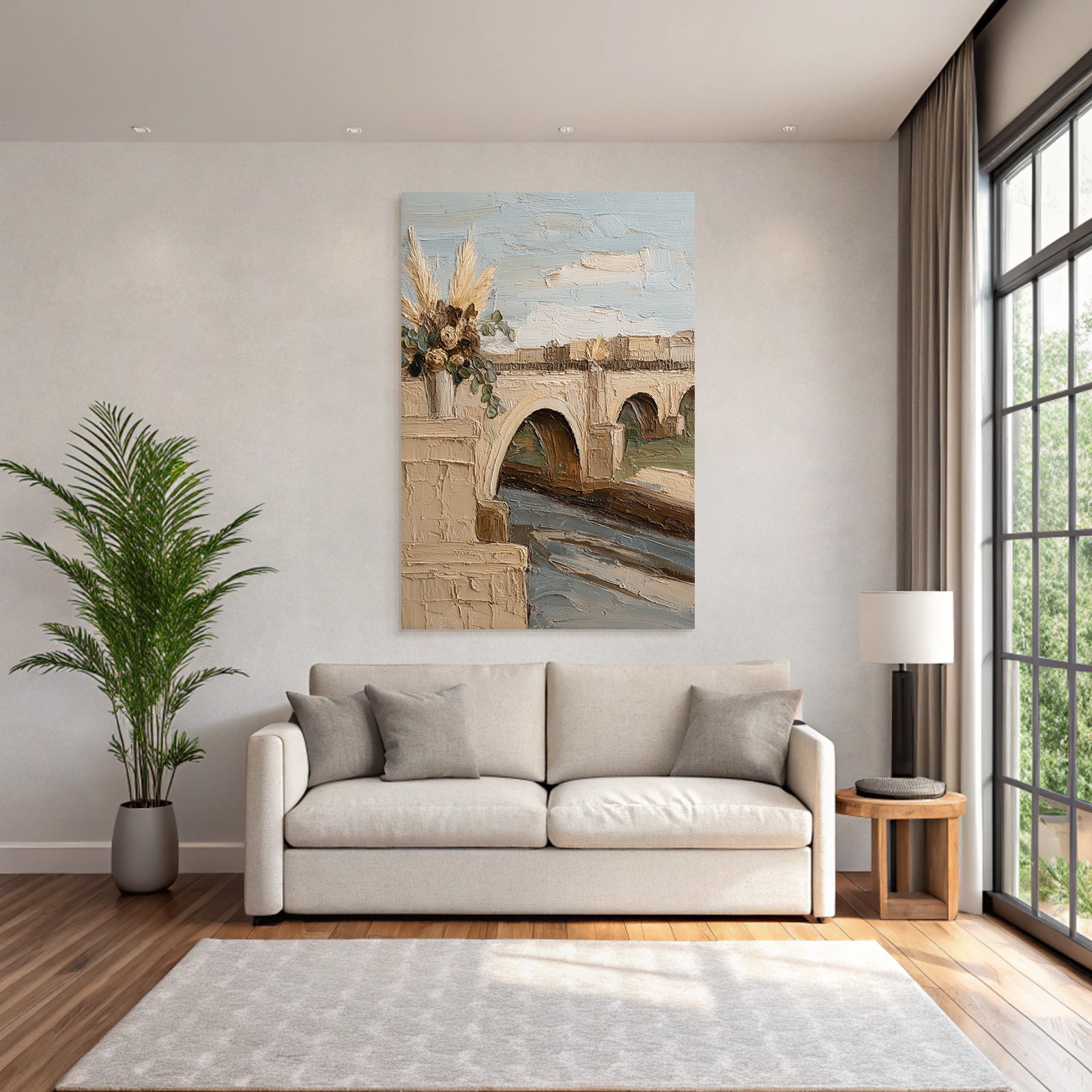 Trocken Retro Flowers Brücke Über Fluss Vase Mit Getrockneten Serde Landschaft