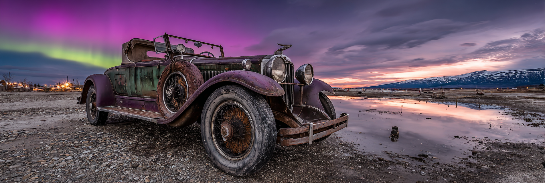 Polarlicht Alte Vintage Auto Und Aurora Borealis Im Landschaftsbild | Fjorde und Gletscher | Landschaften