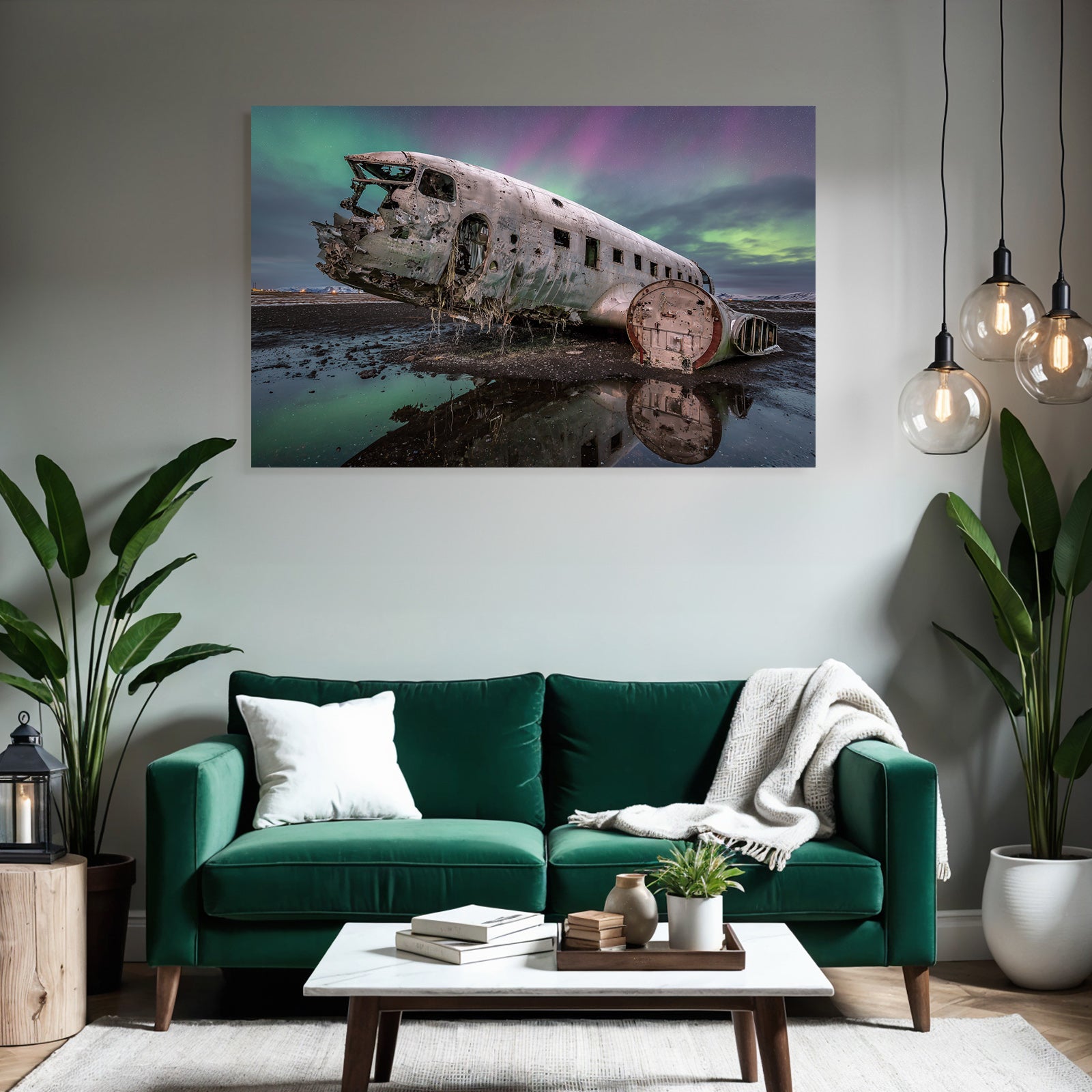 Polarlicht Abgestürztes Vintage Flugzeug Unter Aurora Borealis Gänsehautlandschaft | Fjorde und Gletscher | Landschaften