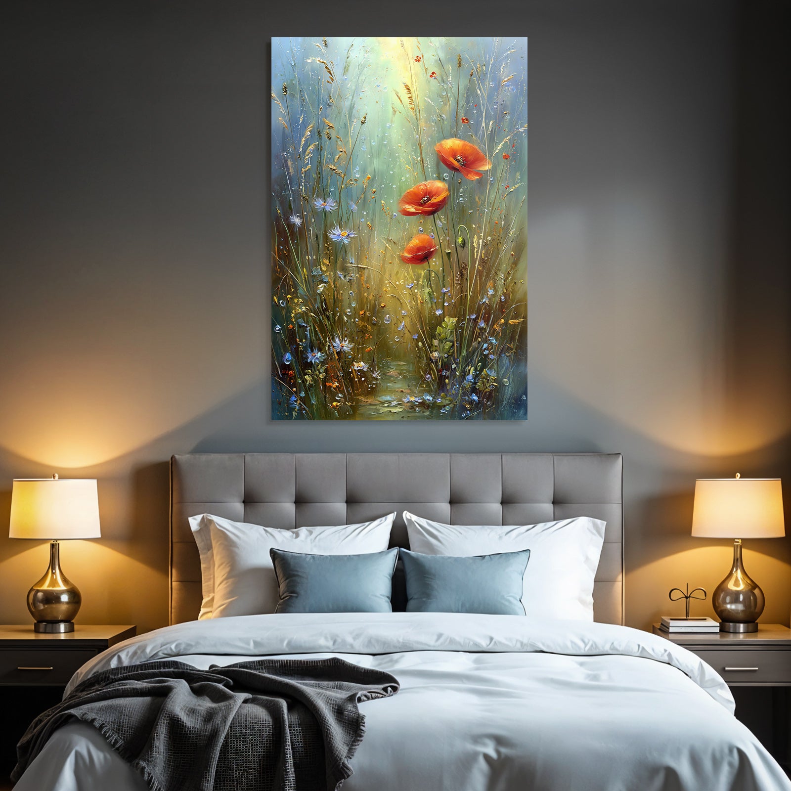 Impressionistische Wiese Mit Mohn Gräser Blaün Wildblüten Und Wassertropfen