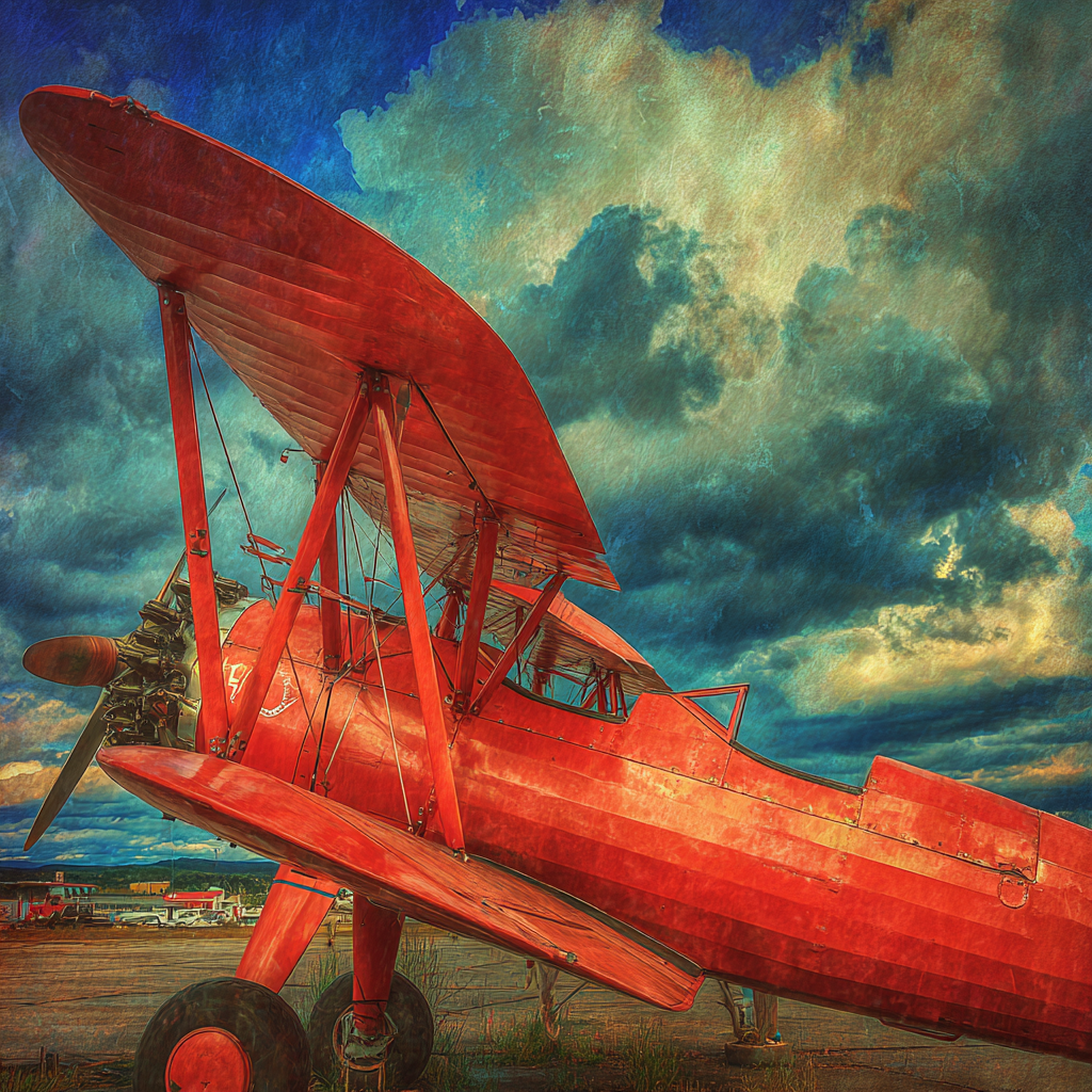 Vintage Biplane Rot Am Himmel Mit Wolken | Flugzeuge | Mobilitaet und Technik