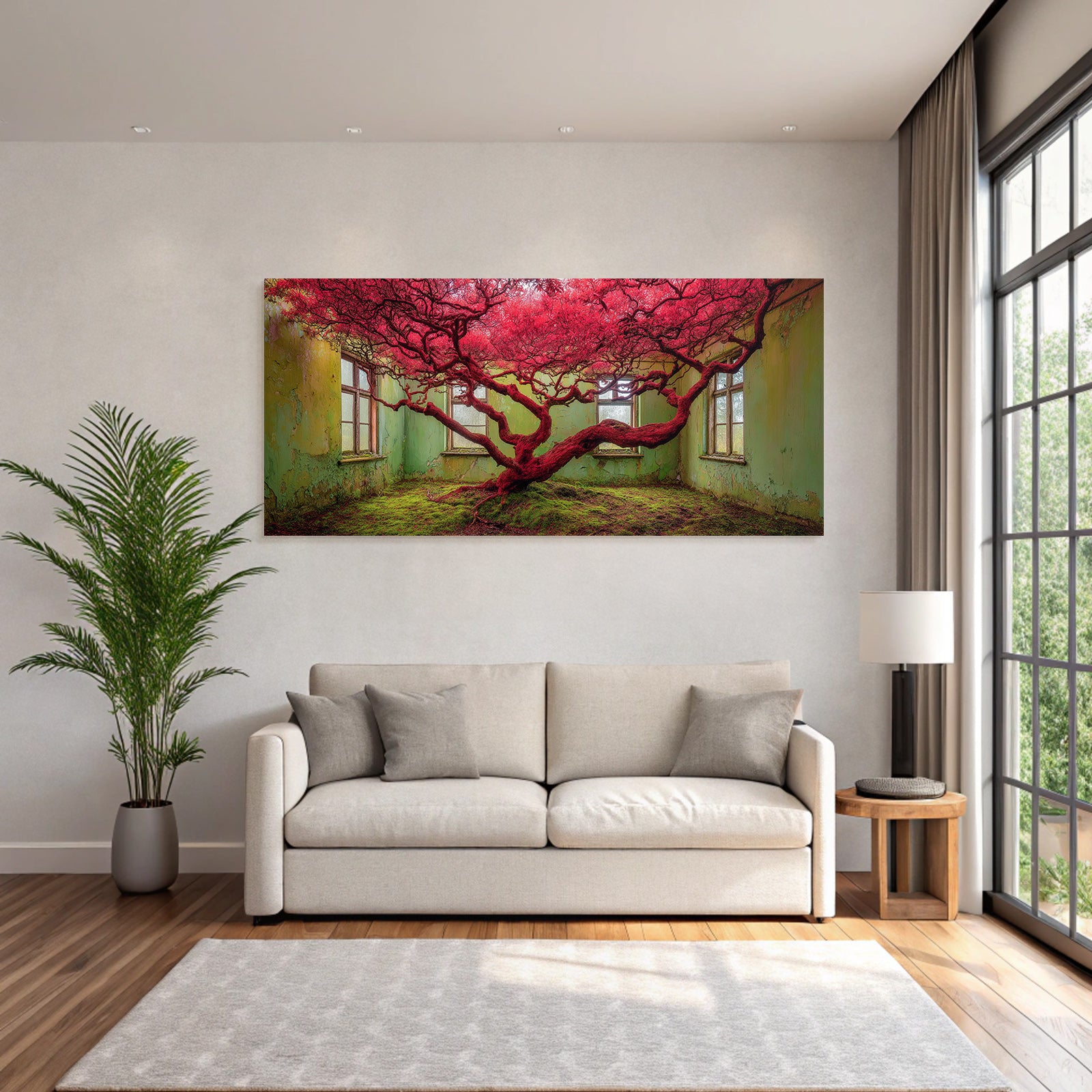 Rote Baum In Verfallener Raum Mit Grünen Wädern Und Moos Bedecktem Boden | Lost Places | Architektur