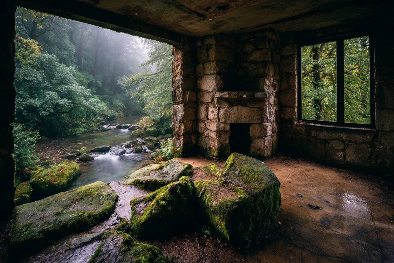 Teilweise Zerstörte Steinstruktur Umgeben Von Grün Cache Fluss Mit Nebel | Lost Places | Architektur