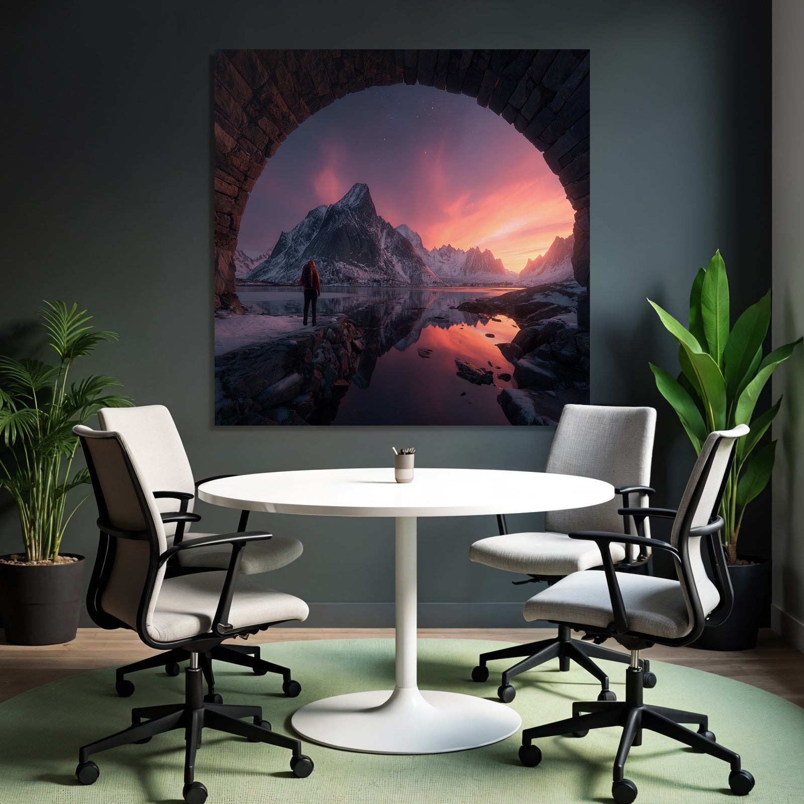 Polarlicht Breathtaking Landschaft Mit Person Und Steinbogen Am Gebirgespiegelung Bei Sonnenaufgang | Fjorde und Gletscher | Landschaften