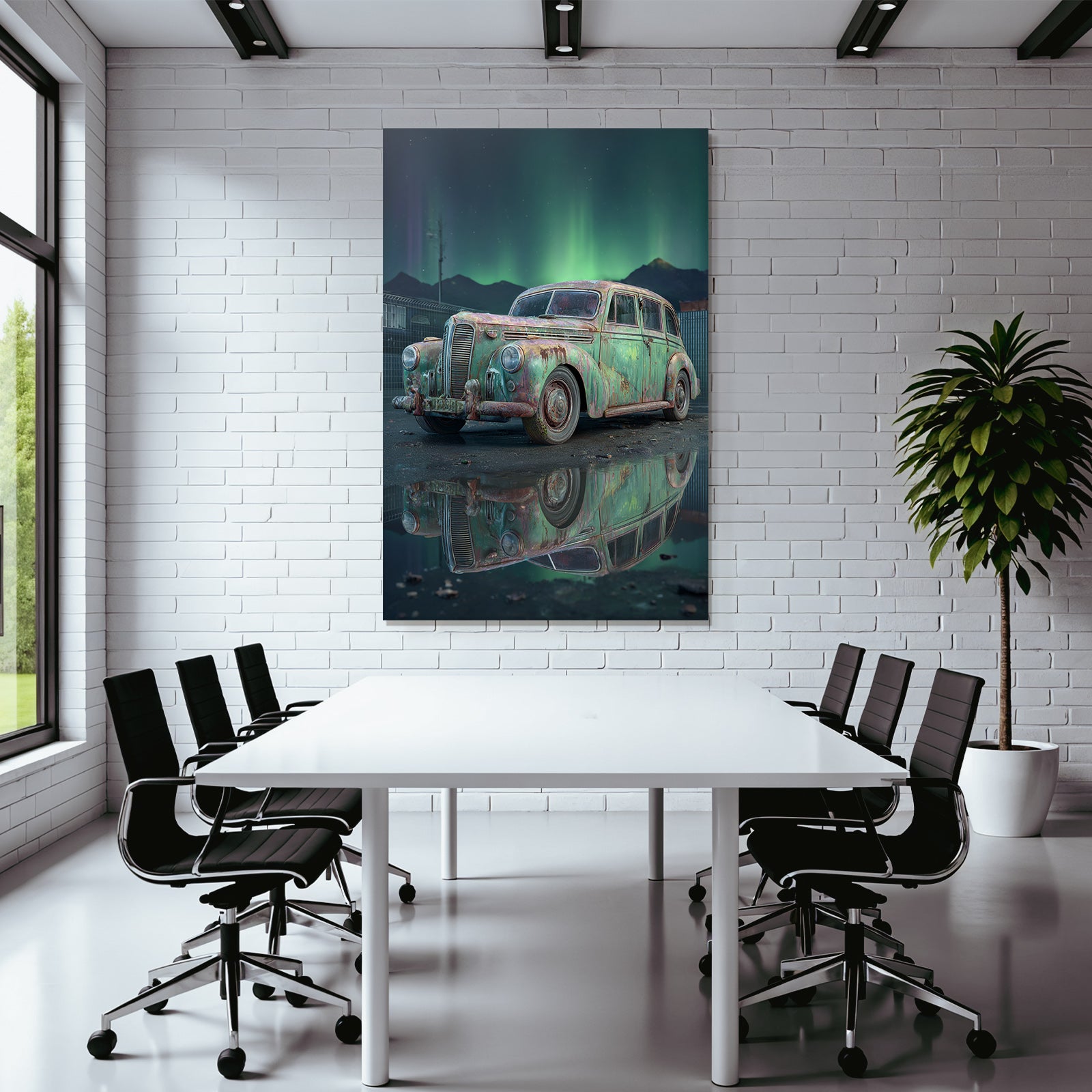 Polarlicht Alte Vintage Autos Schneelandschaft Northern Lights Reflexion In Pfütze | Fjorde und Gletscher | Landschaften