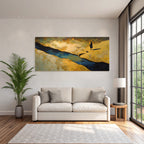 Yoga Meditation Figur Am Fluss Mit Vögeln Und Abstracten Landschaften | Yoga und Meditation | Themen und Hobbys
