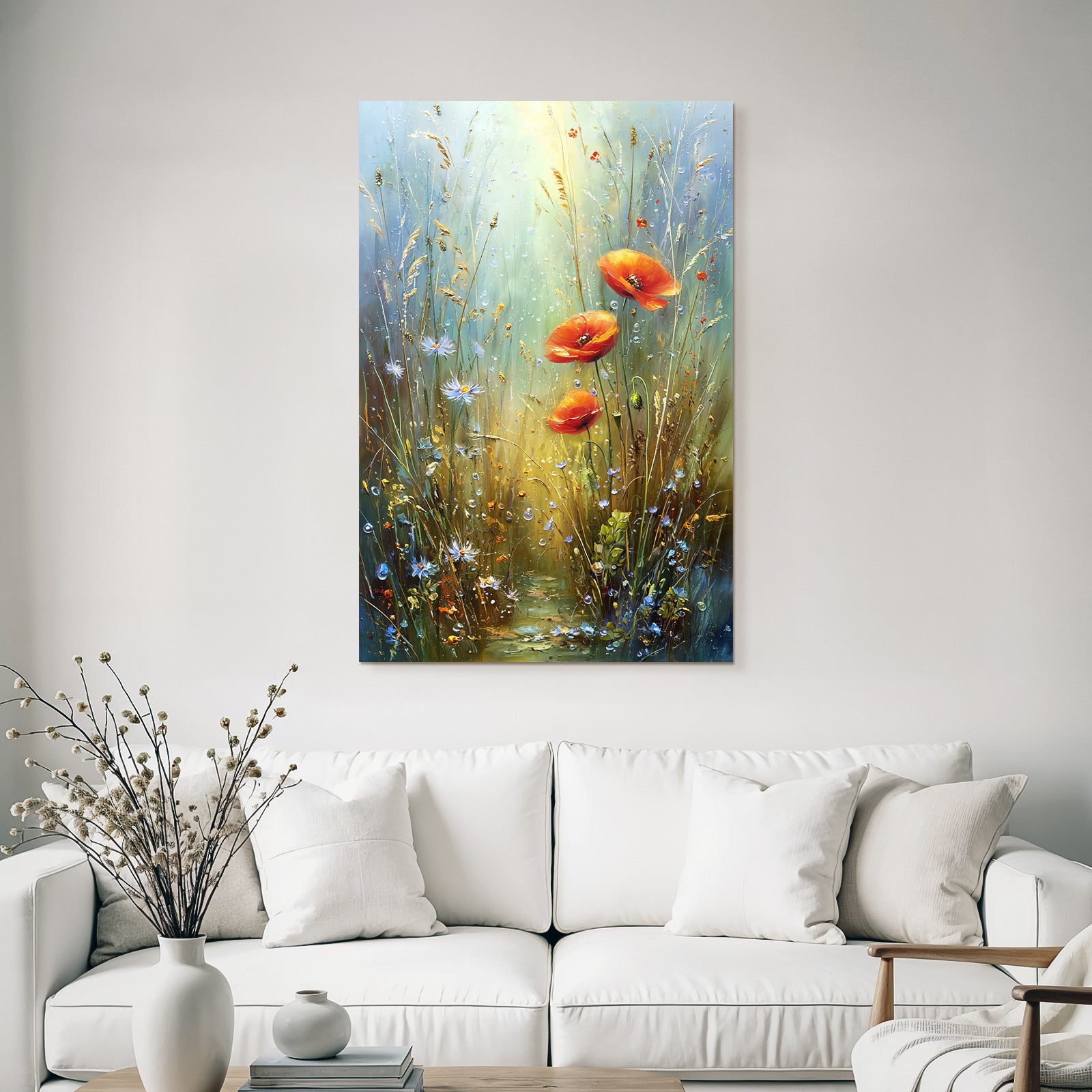 Impressionistische Wiese Mit Mohn Gräser Blaün Wildblüten Und Wassertropfen