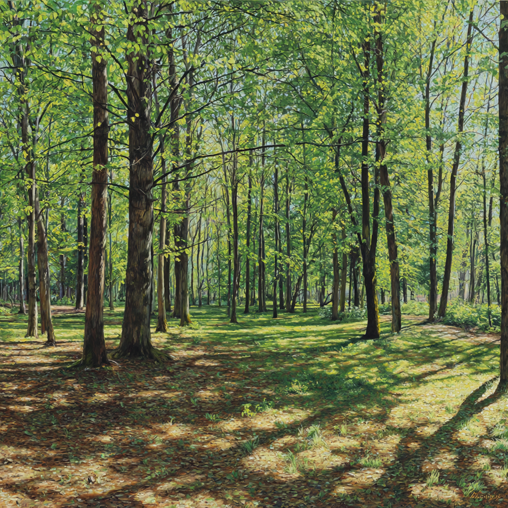 Lush Forest Scene Mit Tall Baeume Und Dappled Sonne Light | Duenen und Heide | Landschaften