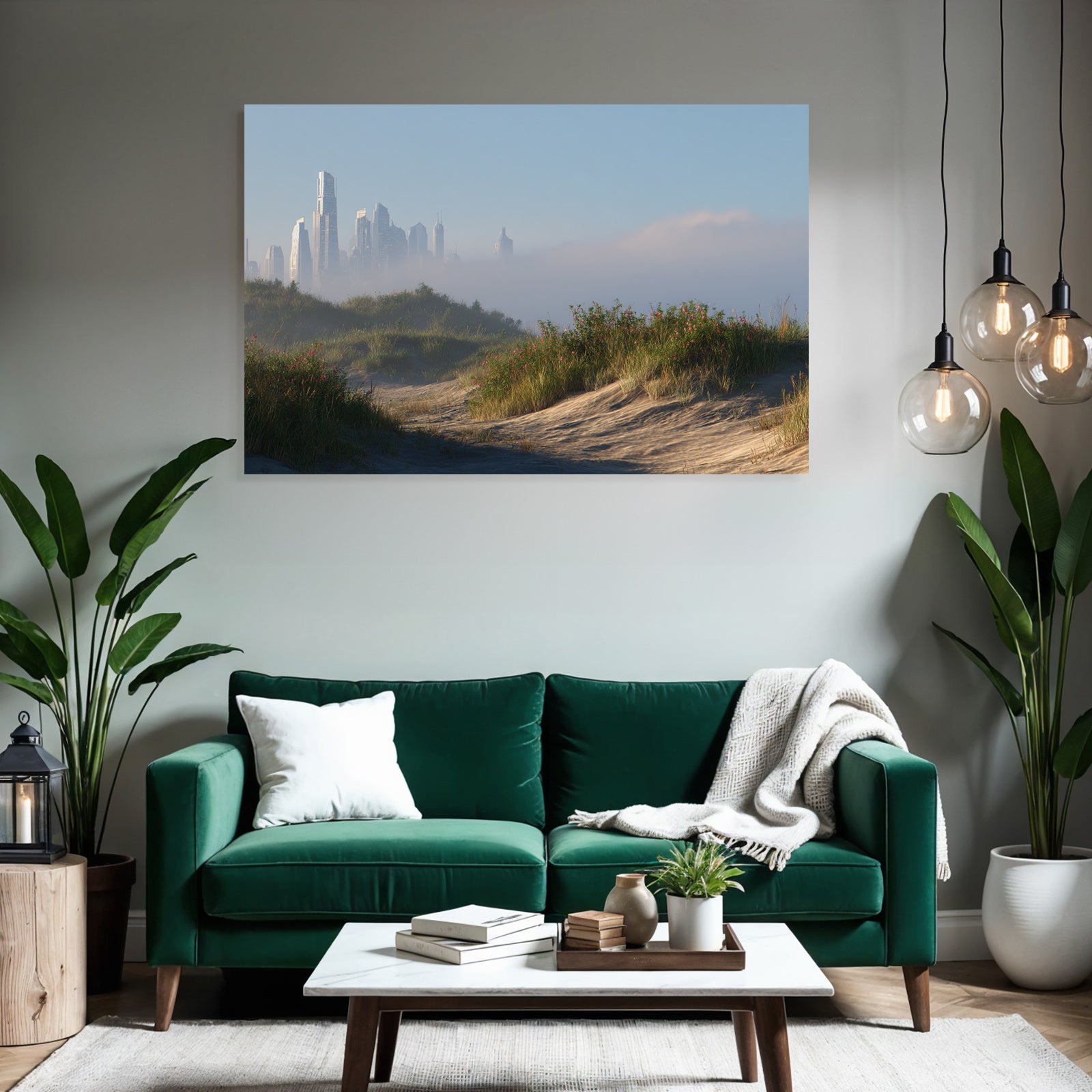 Ruhige Landschaft Sanddünen Und Futuristische Stadt Skyline | Duenen und Heide | Landschaften