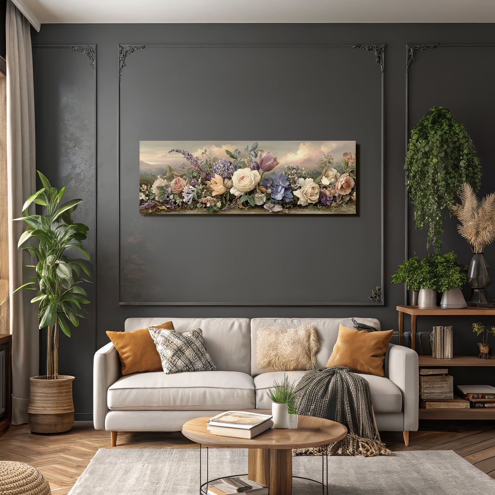 Romantische Landschaft Mit Rosen Und Tulpen Im Morgendlichen Pastelllicht
