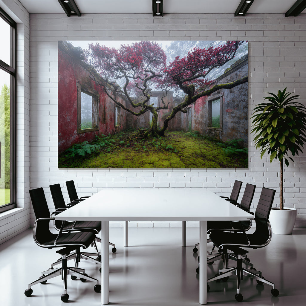 Abandoned Raum Mit Verrotteten Wänden Und Rotem Baum Im Nebel | Lost Places | Architektur