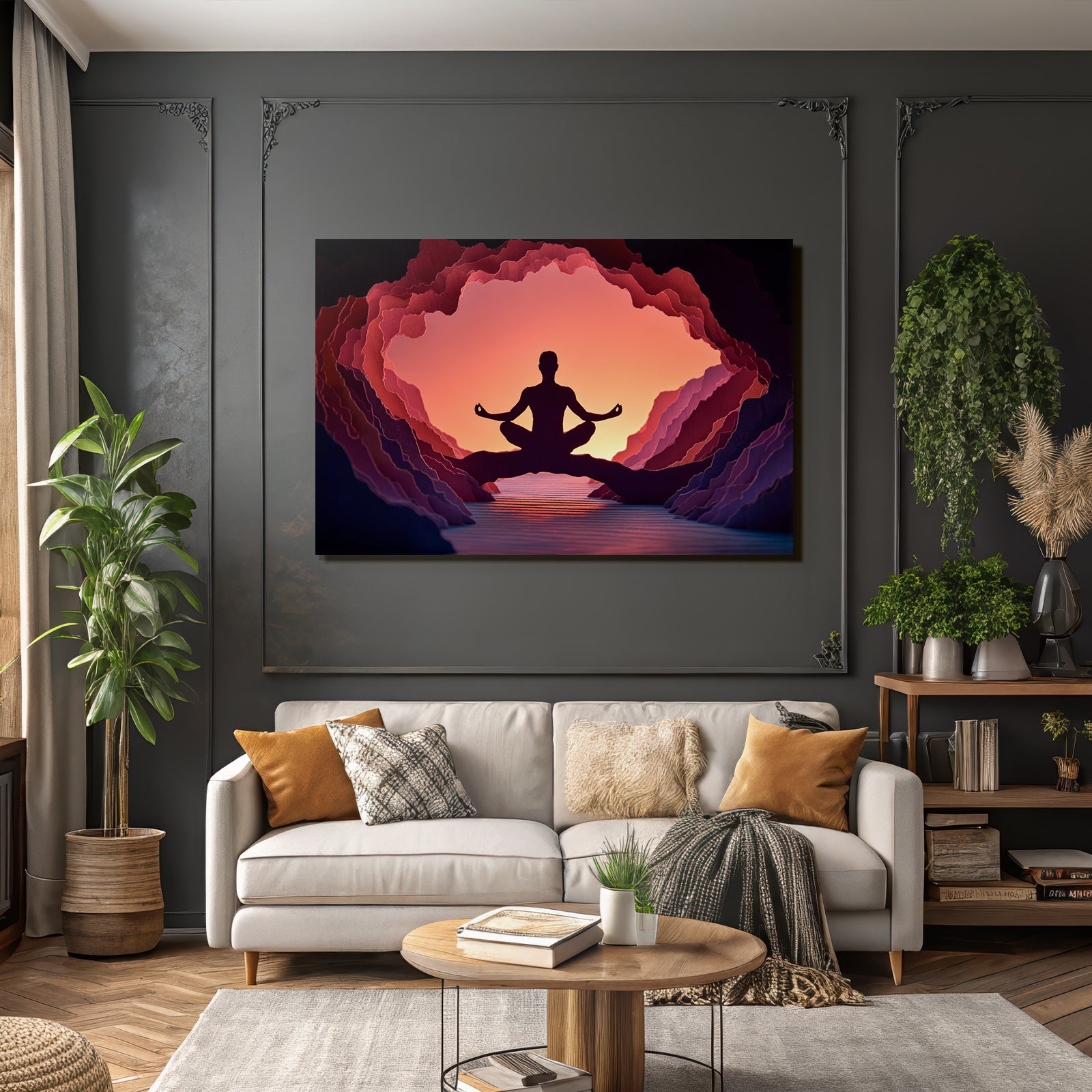 Yoga Meditation Meditierende Person In Höhle Mit Farbigen Hintergrundformen | Yoga und Meditation | Themen und Hobbys