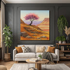 Aquarell Einsamer Baum Mit Rosa Blüten Vor Felsigen Hügeln