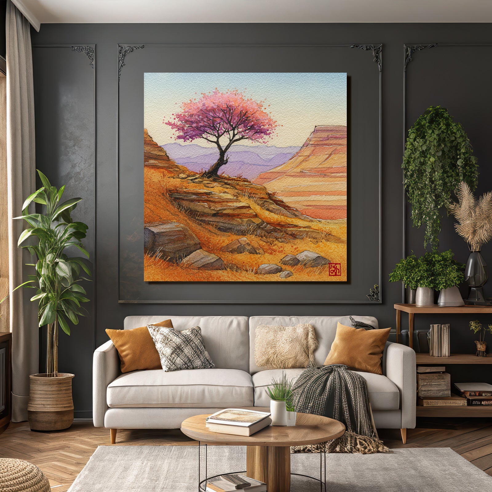 Aquarell Einsamer Baum Mit Rosa Blüten Vor Felsigen Hügeln