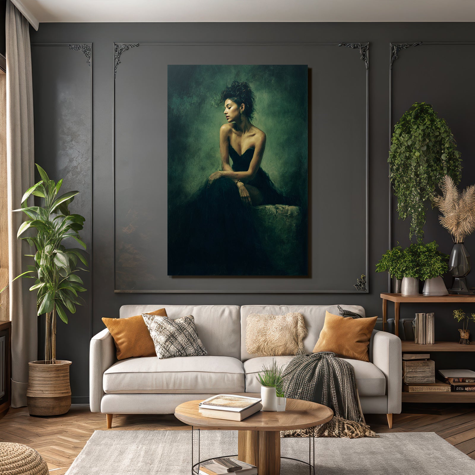 Dunkles Kleid Sitzende Frau Moody Atmosphäre | Aktkunst und Sinnlichkeit | Menschen und Emotionen