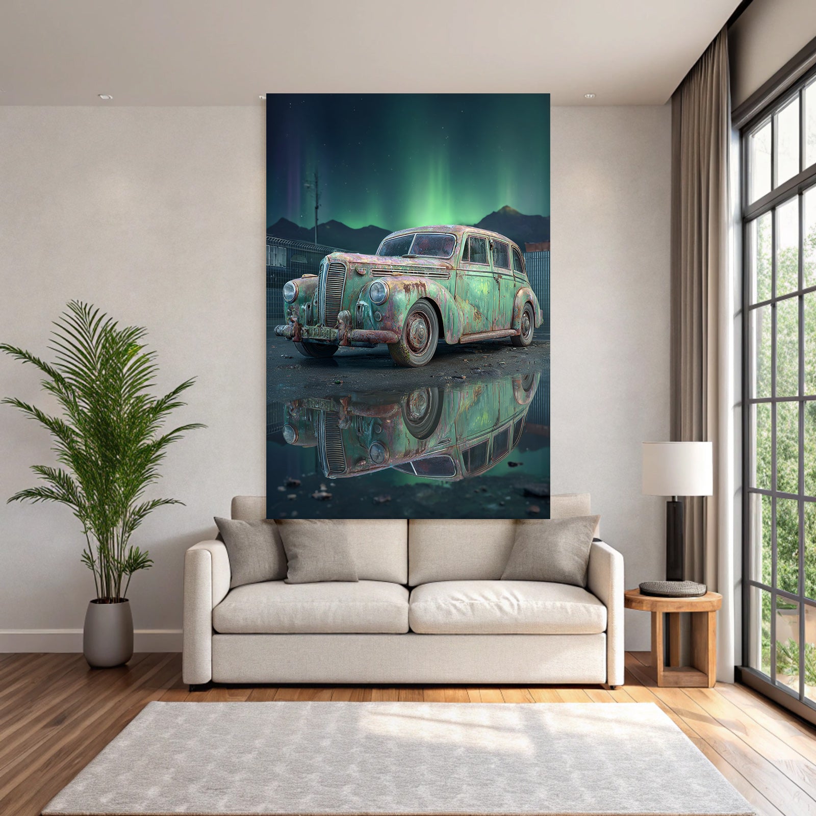 Polarlicht Alte Vintage Autos Schneelandschaft Northern Lights Reflexion In Pfütze | Fjorde und Gletscher | Landschaften