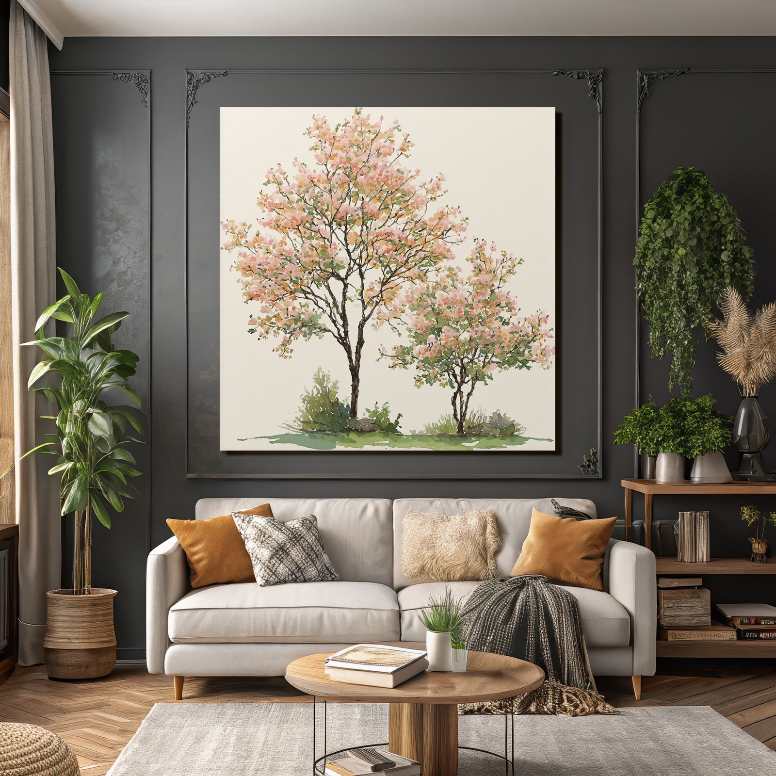 Aquarell Zwei Bäume Mit Rosafarbenen Und Orangenen Blüten