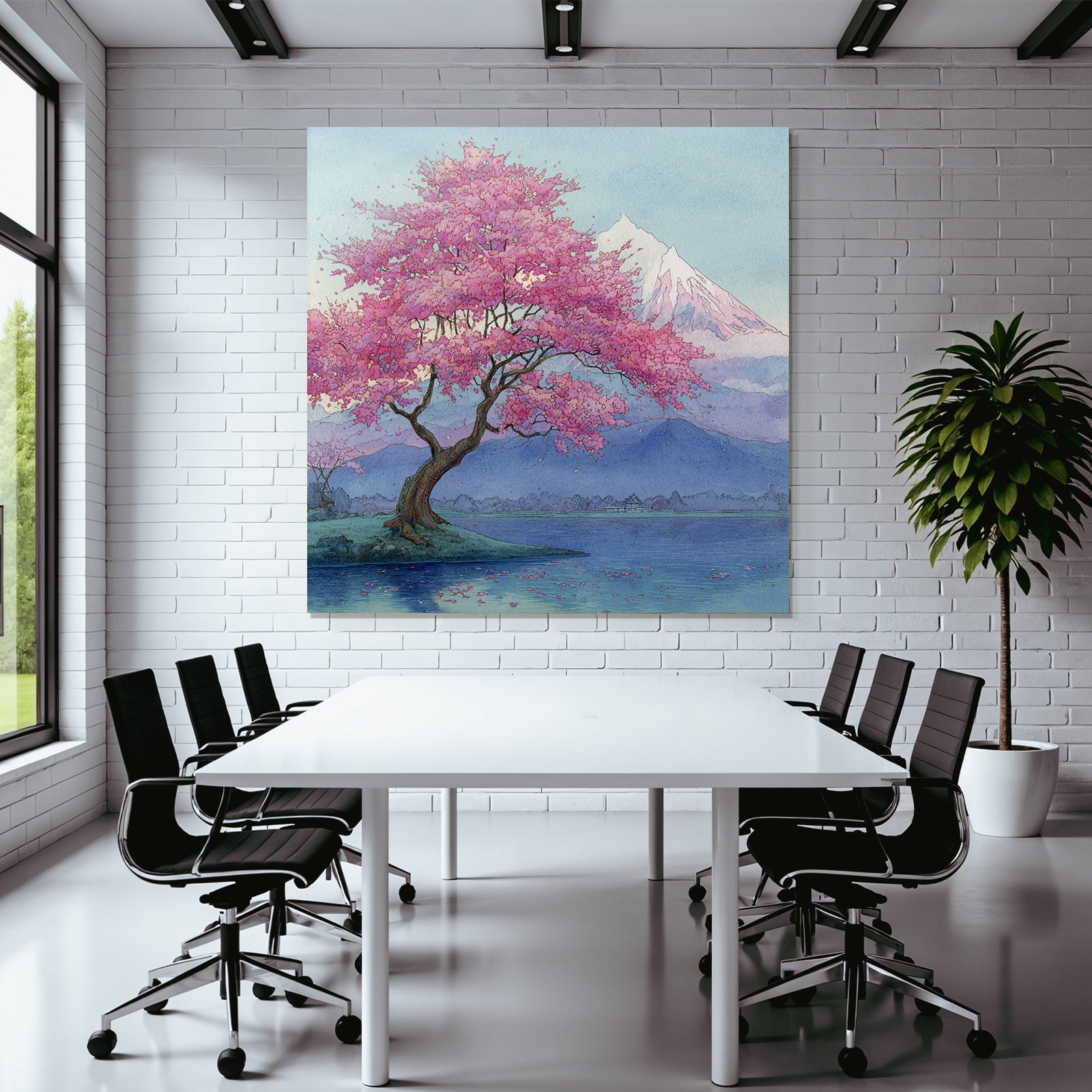 Aquarelllandschaft Mit Kirschblütenbaum Am See Vor Schneebedeckten Bergen