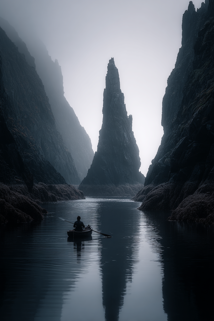 Yoga Meditation Ruhige Nebelige Landschaft Käper In Ruhigem Wasser Mit Klippen Im Hintergrund | Yoga und Meditation | Themen und Hobbys