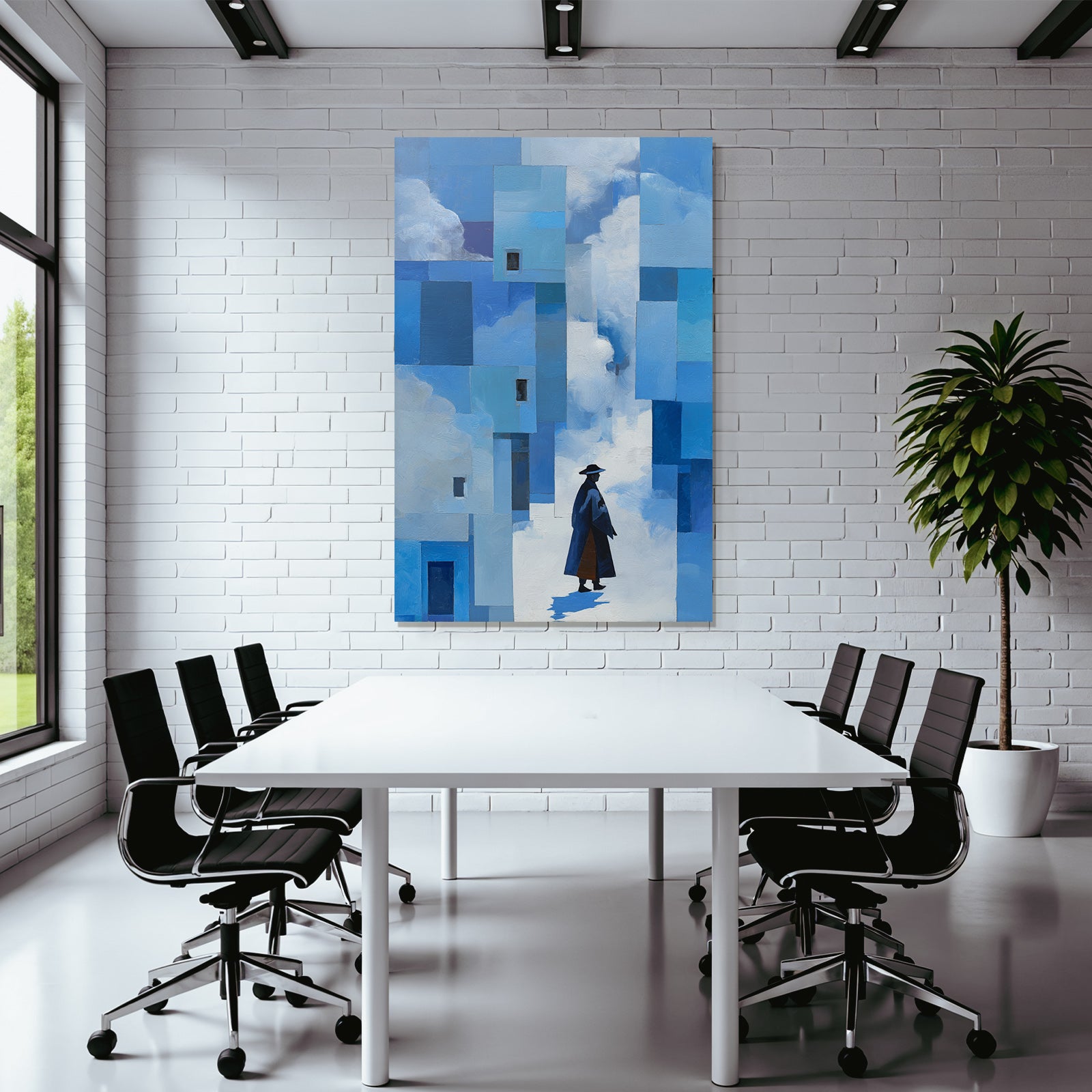 Yoga Meditation Gestalt In Dunklem Mantel Und Hut Auf Abstraktem Blaün Hintergrund | Yoga und Meditation | Themen und Hobbys