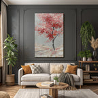 Impasto Baum Mit Pinken Und Roten Blättern Vor Graüm Hintergrund
