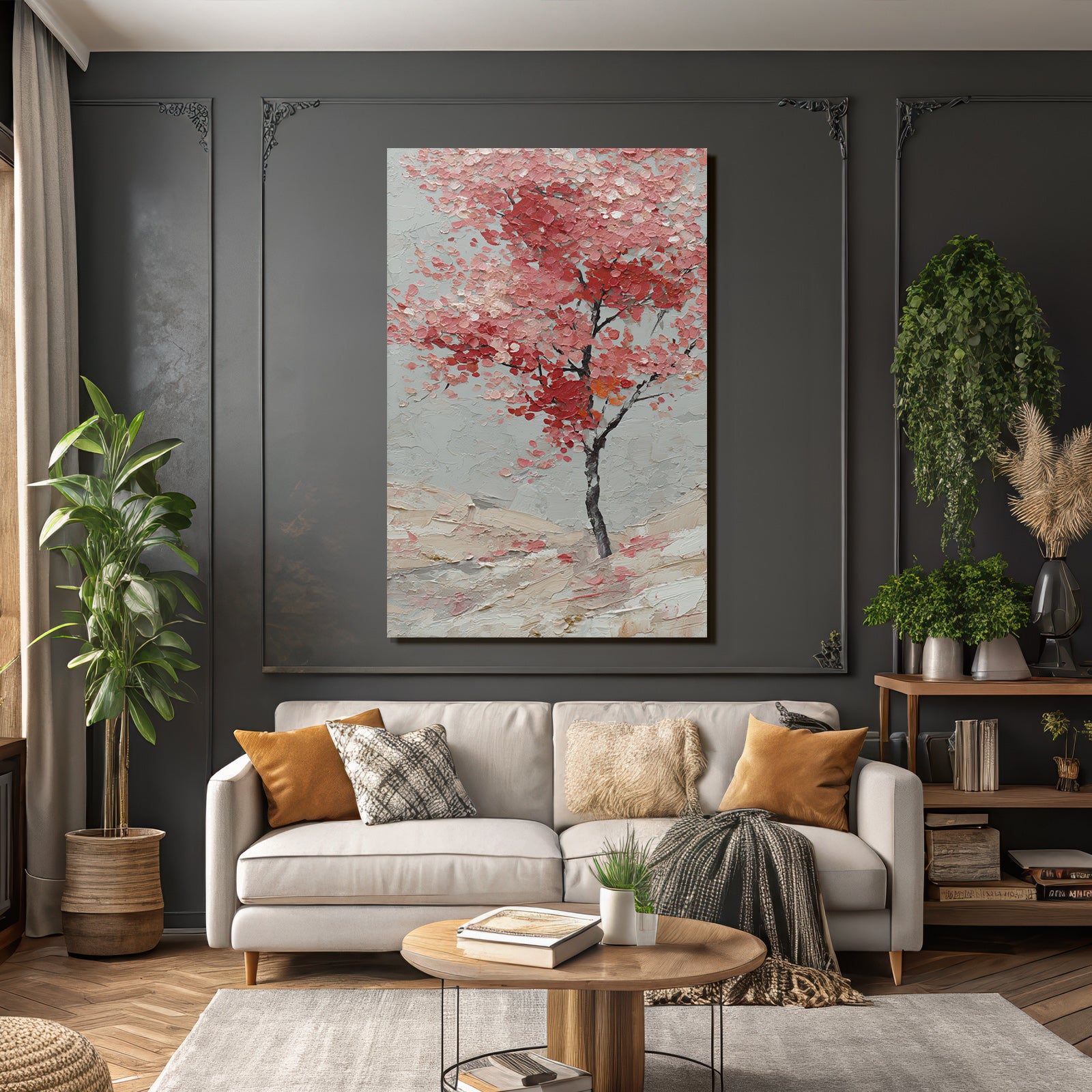 Impasto Baum Mit Pinken Und Roten Blättern Vor Graüm Hintergrund