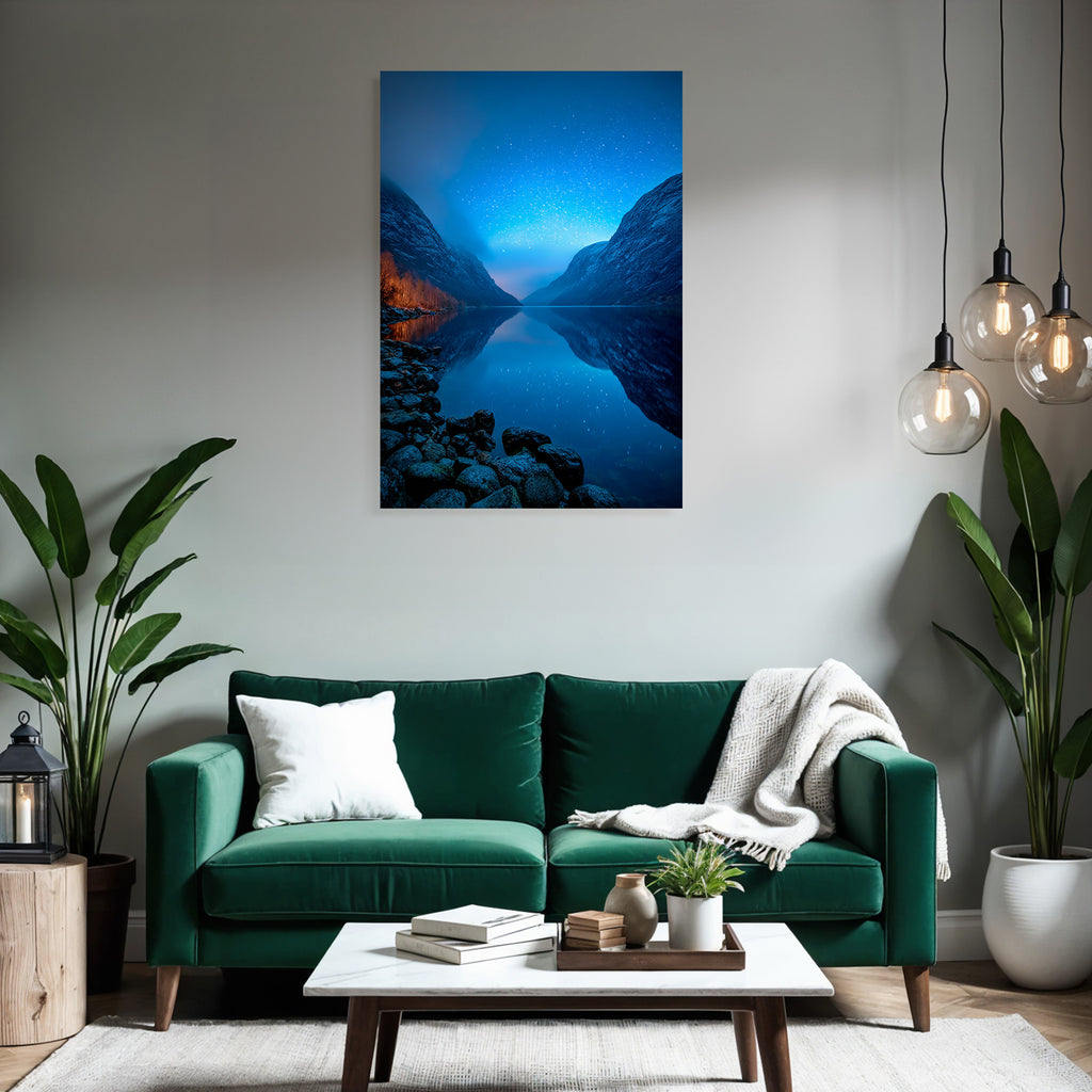 Polarlicht Ruhige Nachtlandschaft Auf Wasser Reflektiert Sterne Mit Bergen | Fjorde und Gletscher | Landschaften