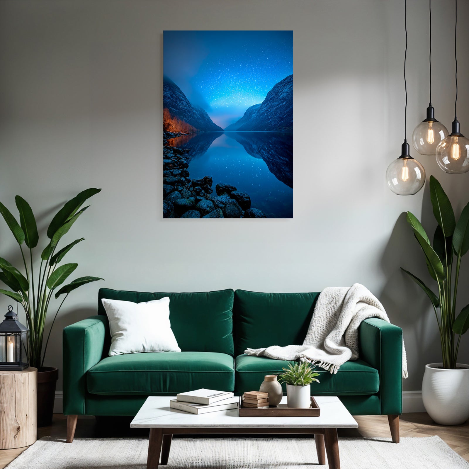 Polarlicht Ruhige Nachtlandschaft Auf Wasser Reflektiert Sterne Mit Bergen | Fjorde und Gletscher | Landschaften