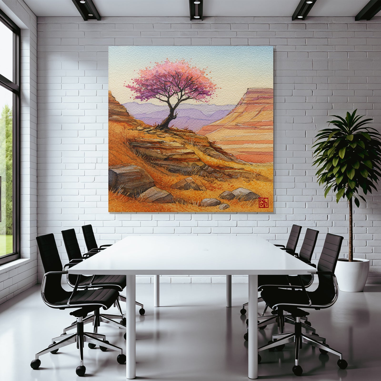 Aquarell Einsamer Baum Mit Rosa Blüten Vor Felsigen Hügeln