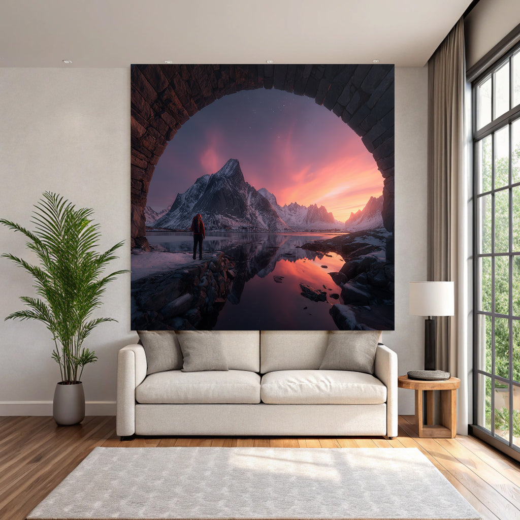 Polarlicht Breathtaking Landschaft Mit Person Und Steinbogen Am Gebirgespiegelung Bei Sonnenaufgang | Fjorde und Gletscher | Landschaften
