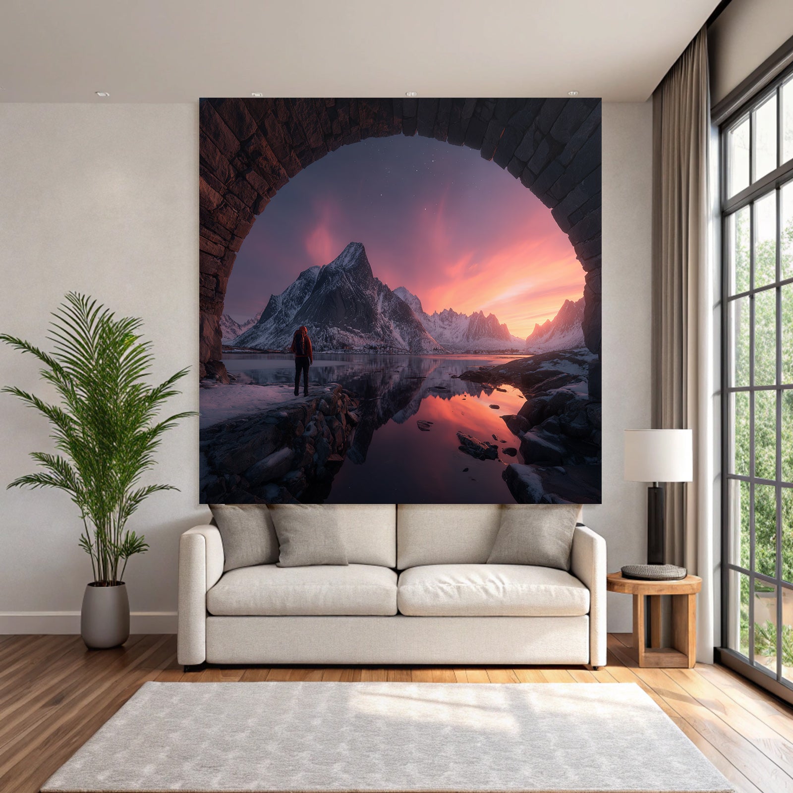 Polarlicht Breathtaking Landschaft Mit Person Und Steinbogen Am Gebirgespiegelung Bei Sonnenaufgang | Fjorde und Gletscher | Landschaften