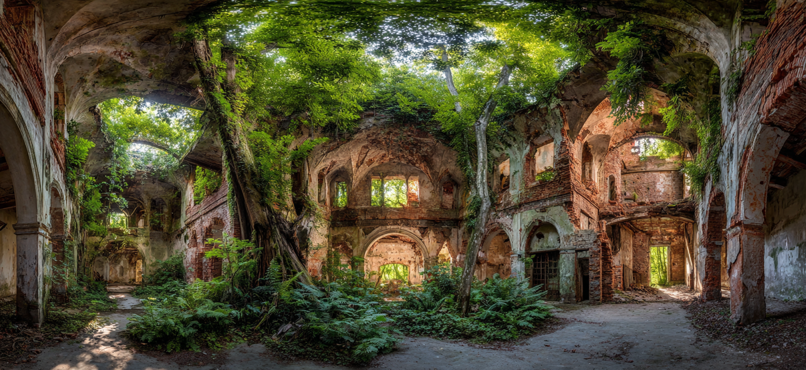 Verlassene Gebaeude Überwuchert Von Natur Panoramaansicht | Lost Places | Architektur