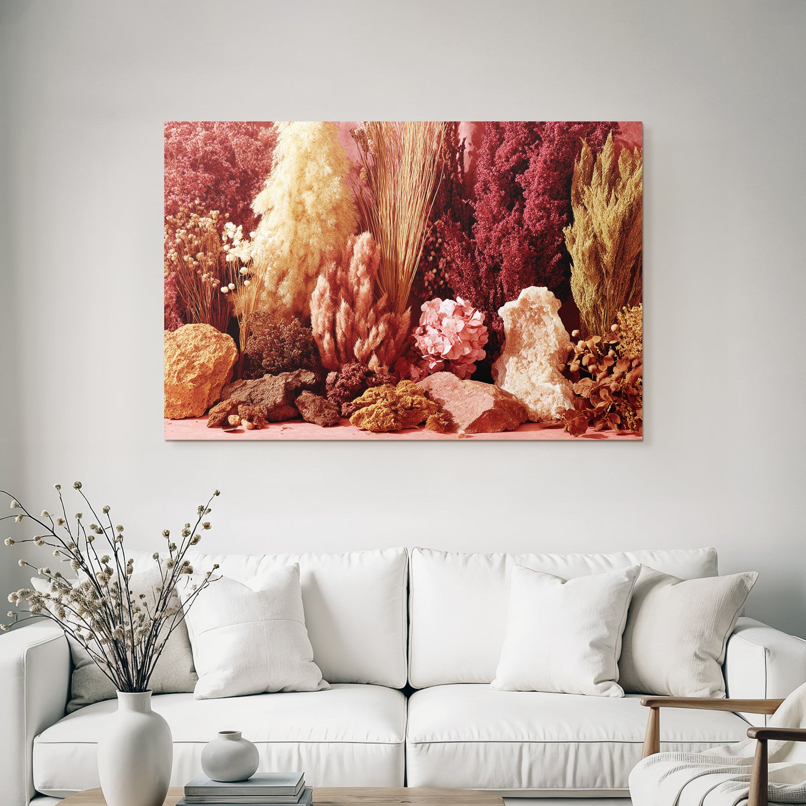Trocken Retro Flowers Ästhetische Arrangement Getrocknete Blüten Naturmaterialien Folien Und Steine